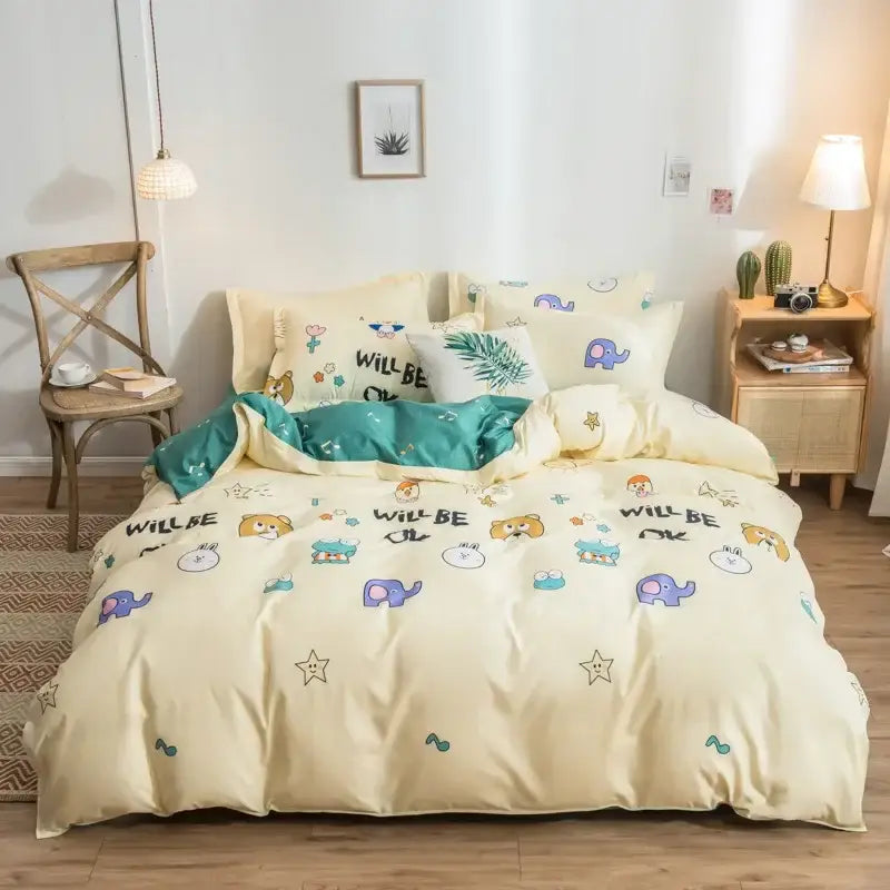 Cream-colored satin finish duvet cover bedding set with decorbites cartoon print featuring animals stars and teal accents