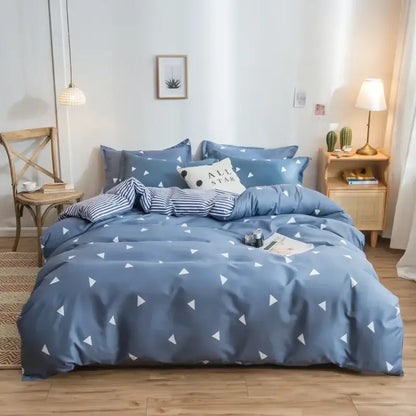 Blue duvet cover with white triangular patterns in satin finish decorbites cartoon print bedding set for bedroom decor