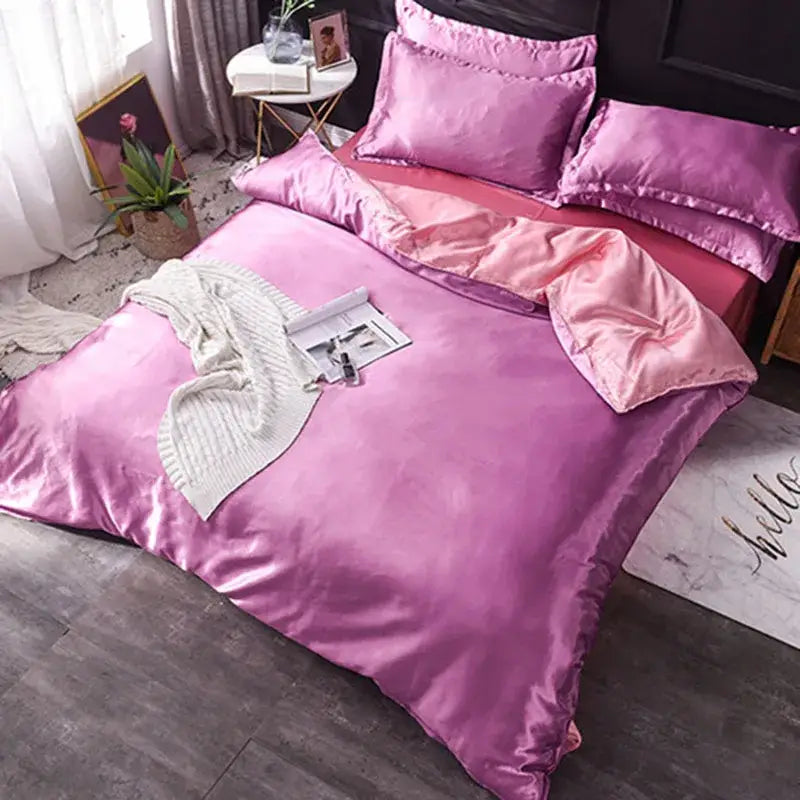 Pink ice rayon satin bedding set featuring a satin duvet cover and matching pillowcases for bedroom cooling decorbites ice rayon