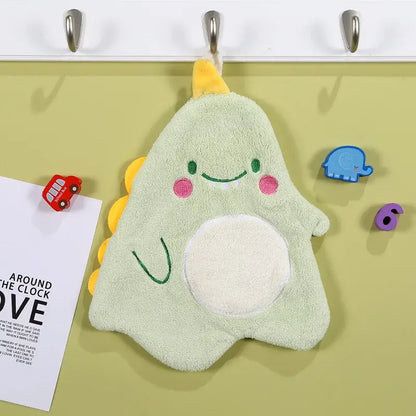 A soft light green plush bath towel in dinosaur cartoon animal shape with pink cheeks and white belly patch for decorbites cartoon animal decor