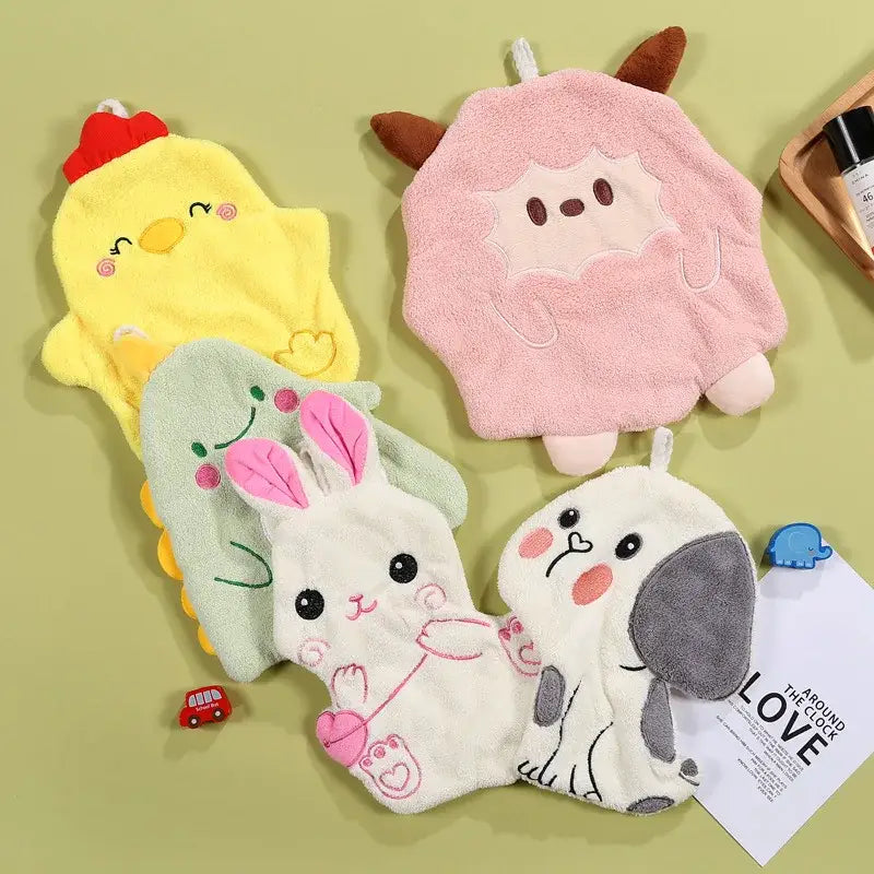 Soft plush bath mitts in yellow pink green white and gray shaped like decorbites cartoon animal shapes for bathroom decor
