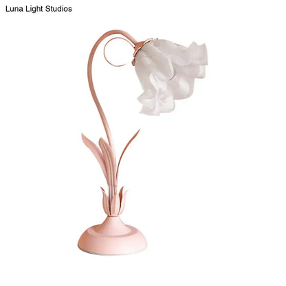 Pink lily table lamp with a delicate rose gold metal base and opal glass flower shade for bedroom nightstand lighting