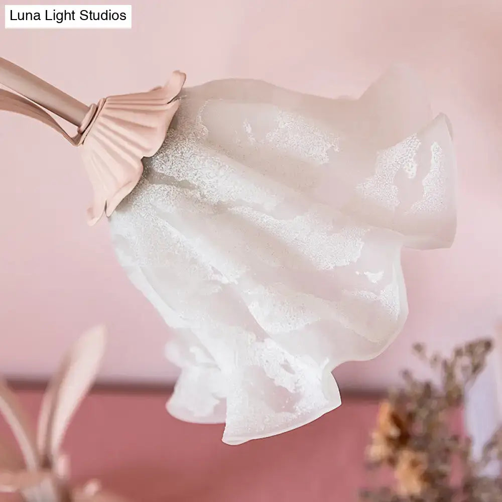 Pink lily table lamp with delicate translucent opal glass shade and soft pink metallic finial for bedroom use