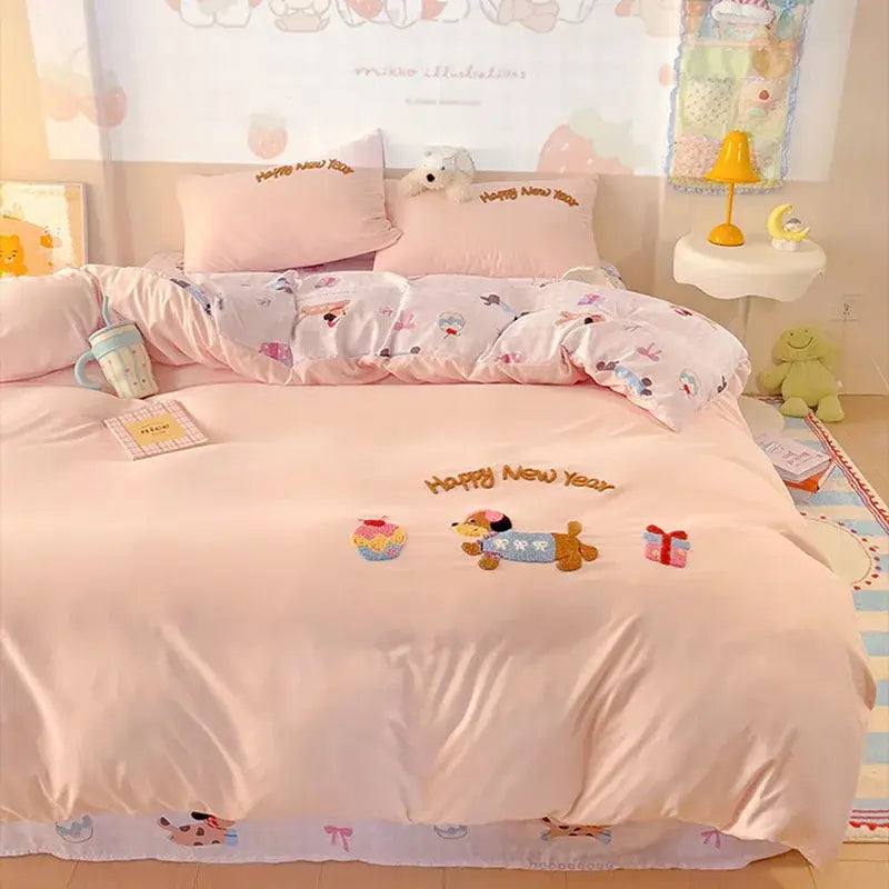 Pink new year dog bedding set featuring happy new year embroidery cloud cotton cartoon decorbites cloud cotton