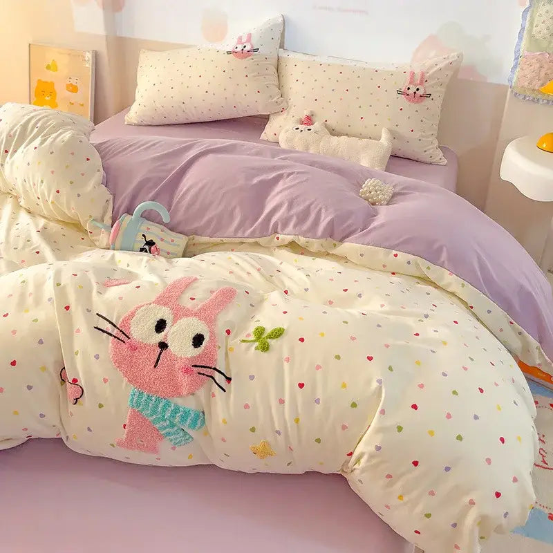 Cream-colored quilted duvet cover with plush pink bunny and multicolored hearts in decorbites cloud cotton cartoon bedding set