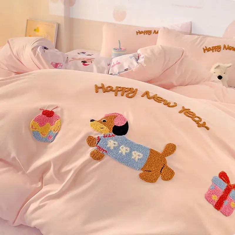 Pink new year dog bedding set with embroidered cartoon dog in blue sweater cupcake gift box made of decorbites cloud cotton