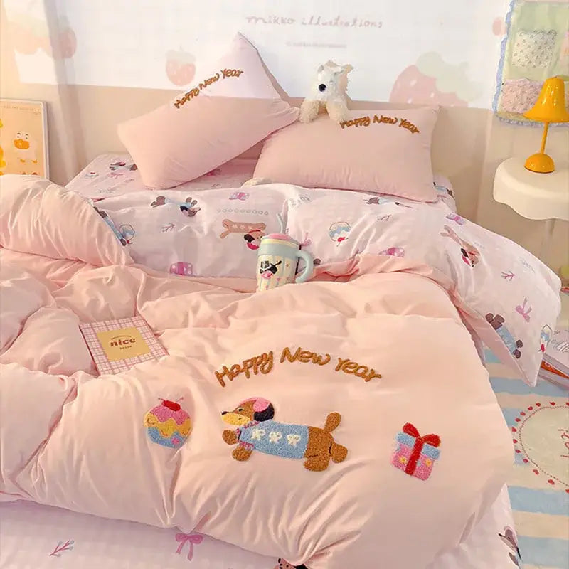 Pink new year dog bedding set with happy new year embroidery and cloud cotton cartoon appliqué designs