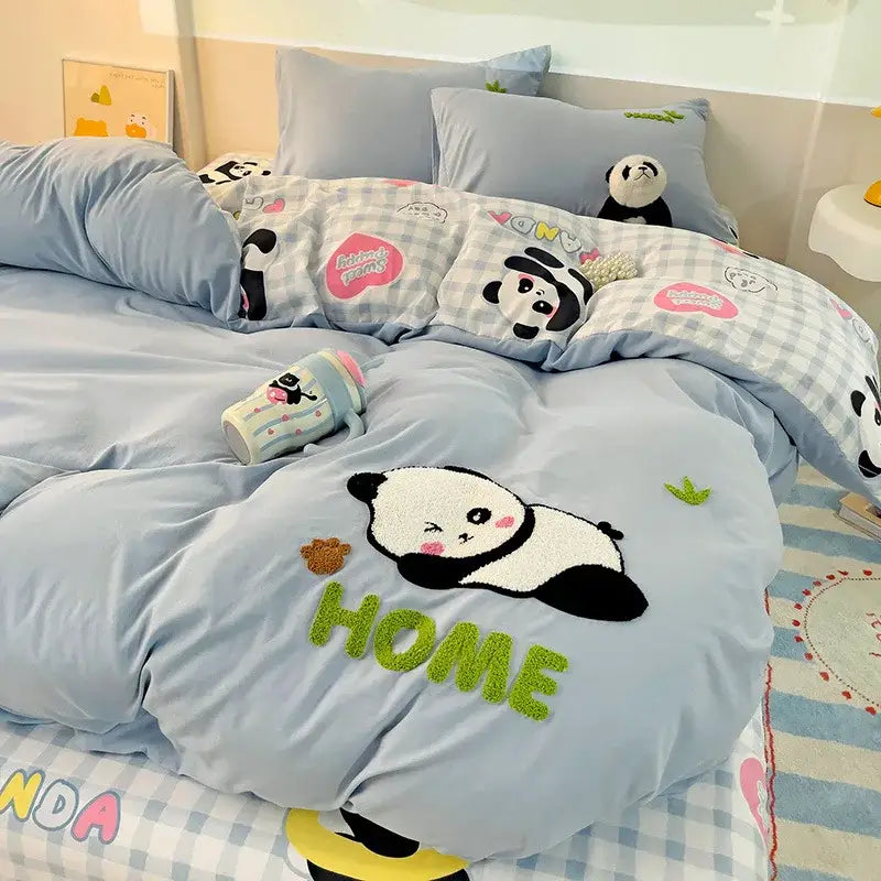 Light blue plush bedding set with embroidered panda and home lettering made of decorbites cloud cotton cartoon material
