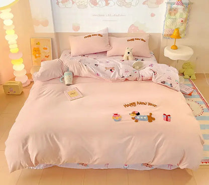 Pastel pink happy new year bedding set with cloud cotton cartoon dog and gift motifs by decorbites cloud cotton