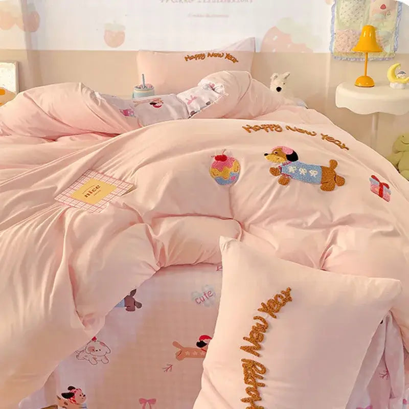 Pink quilted comforter bedding set with happy new year embroidery cloud cotton cartoon decorbites design