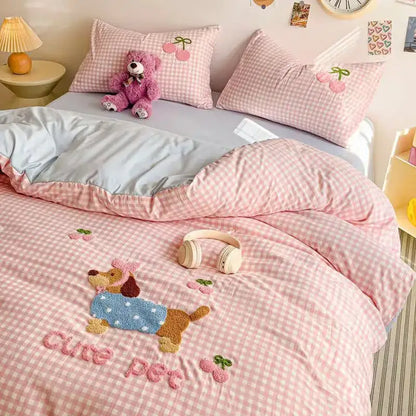 Pink new year dog bedding set with plush embroidered dachshund on pink and white gingham decorbites cloud cotton