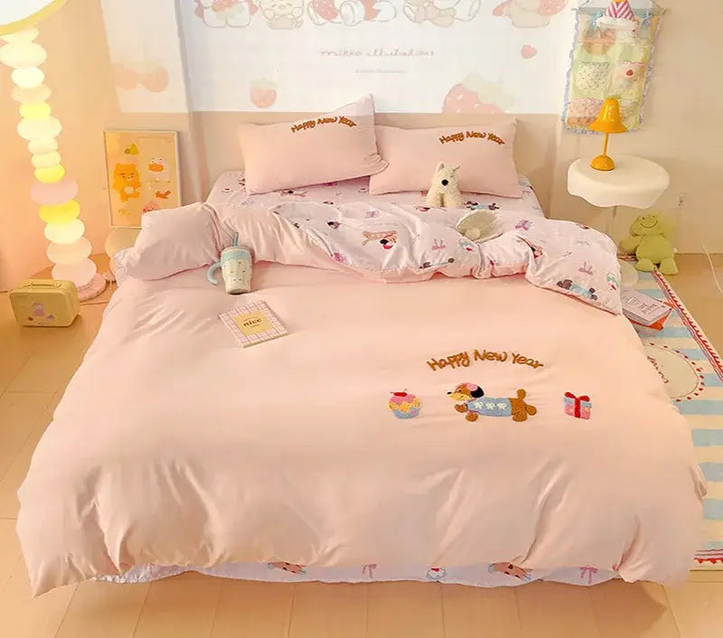 Pastel pink happy new year cotton bedding set with cartoon dog and gift motifs from decorbites cotton bedding collection