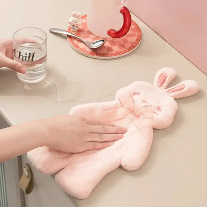 Pink plush cartoon rabbit hand towel with embroidered face and bow tie for bathroom and kitchen decorbites cartoon rabbit