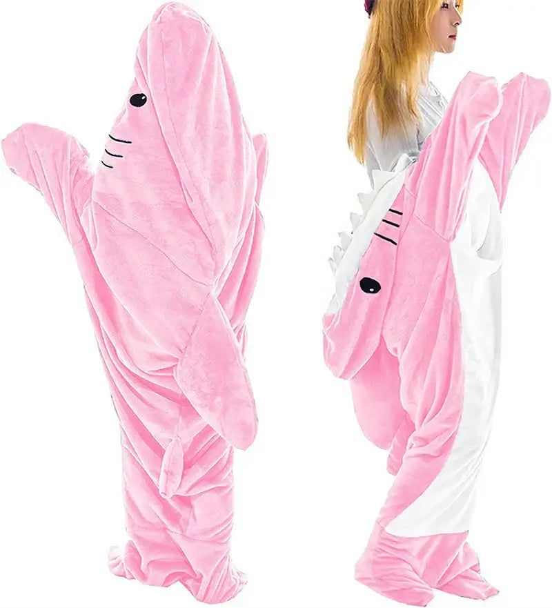 Pink plush cozy shark blanket onesie with white accents and black eye details by decorbites cozy shark collection