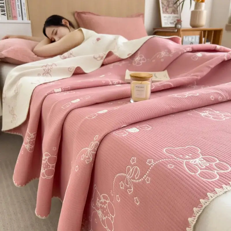 Pink ribbed teddy bear decorbites cotton towel blanket with embroidered white teddy bears and scalloped edge for bedroom use