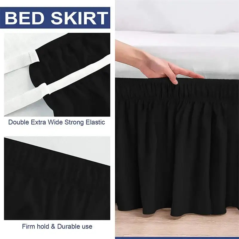 Black elastic bed skirt with double extra wide strong elastic for firm hold and durable use in bedroom decor