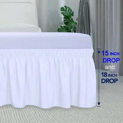 White ruffled solid color elastic bed skirt with elasticized waistband for soft wrap around bedroom use