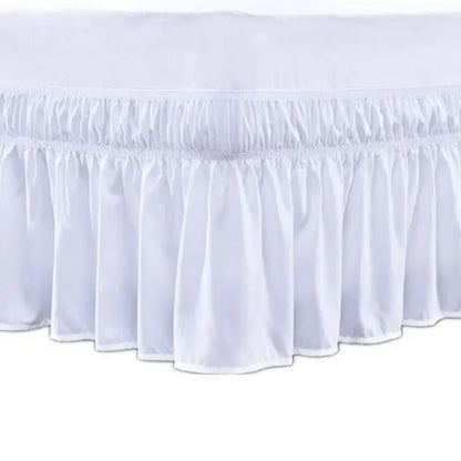White ruffled elastic bed skirt with elasticized hem in soft wrap around style for bedroom use