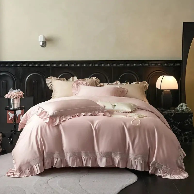 Pink satin bedding set with ruffled edges and lace trim in decorbites 1000tc luxury embroidery design