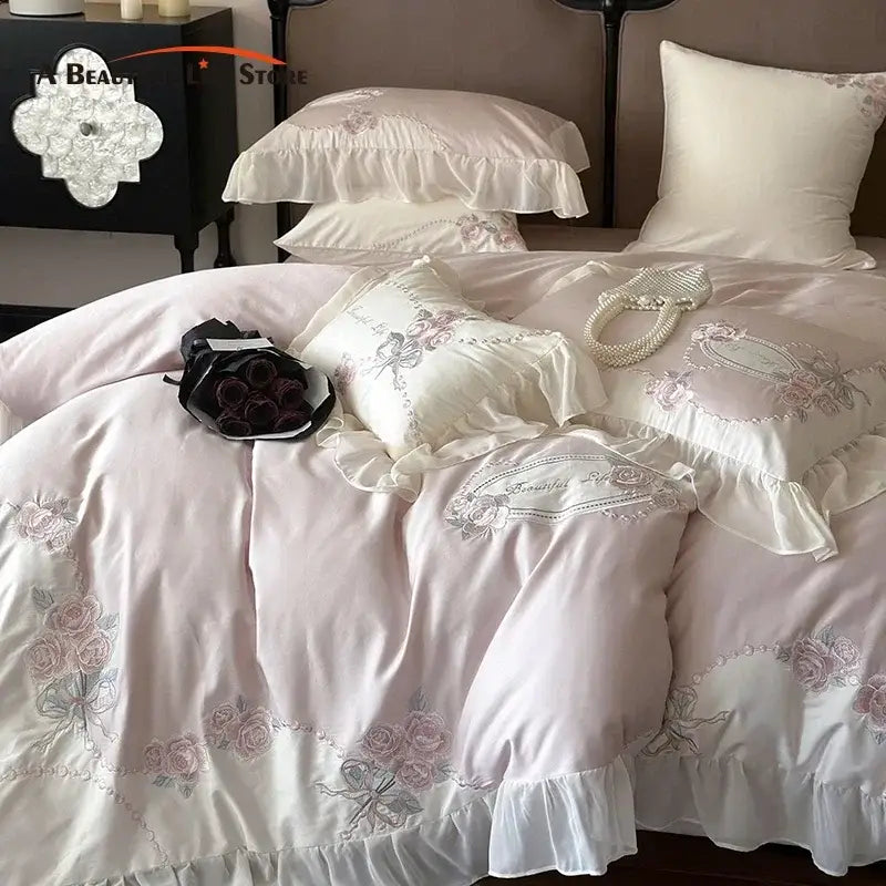 Pink satin egyptian cotton flowers bedding set with delicate floral embroidery and lace ruffles for bedroom use