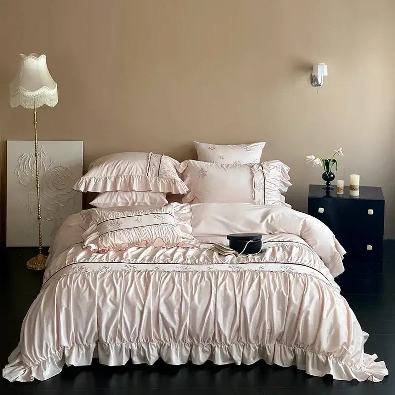 Pink satin embroidery lace ruffles bedding set with delicate floral embroidery made of decorbites 1000tc cotton