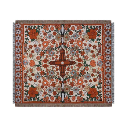 A square woven throw blanket with vibrant orange cream and green floral pattern and fringed edges for decorbites cat strawberry knitted blanket