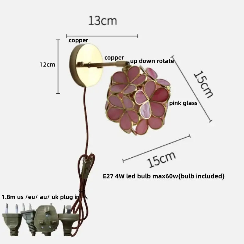 Pink and teal copper butterfly glass wall light with adjustable arm and floral pink glass panels for bedroom decorbites copper butterfly