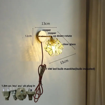Copper butterfly glass wall light with clear flower-shaped shade and adjustable rotate arm for bedroom decorbites copper butterfly