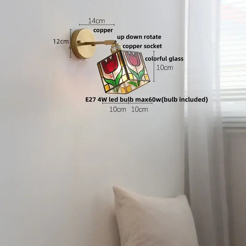 Copper butterfly glass wall light featuring a colorful stained glass cube with red tulip design for bedroom decorbites copper butterfly