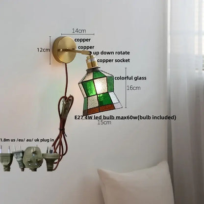 Vintage-style wall light with decorbites copper butterfly glass featuring green white and amber stained glass shade