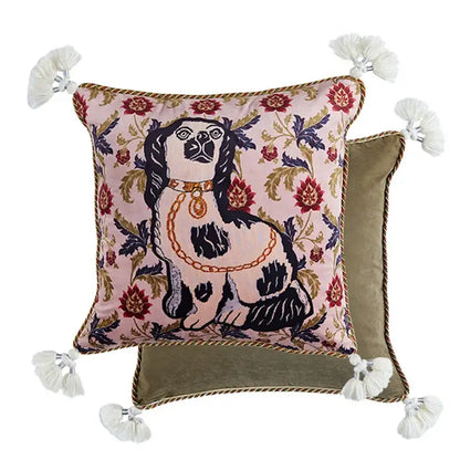 Pink velvet cushion cover with embroidered spaniel and floral patterns, cream tassels, ideal for living room decor