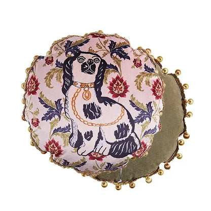 Pink velvet cushion cover with black and white spaniel cat print velvet adorned with red floral patterns and golden tassels
