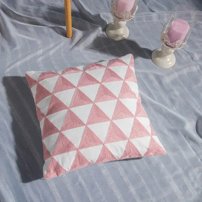A pink and white cotton flower embroidered geometry pillow with textured fabric for living room decorbites decor
