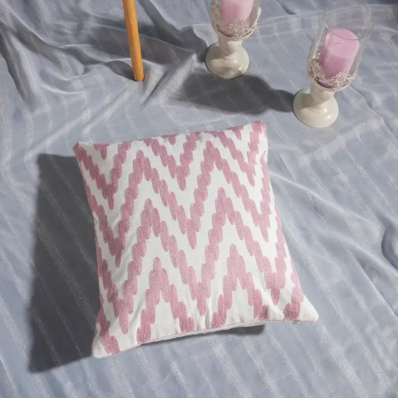 A pink and white cotton flower embroidered geometry pillow with textured embroidery for living room decorbites cotton flower