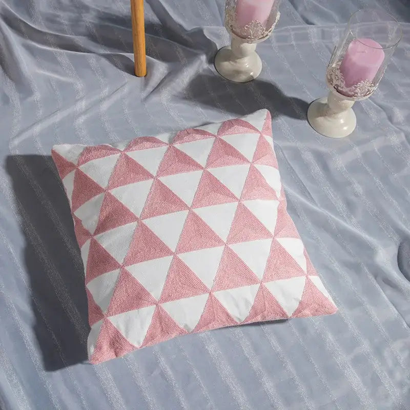 A pink and white square cotton flower embroidered geometry pillow with textured fabric for living room decorbites cotton flower