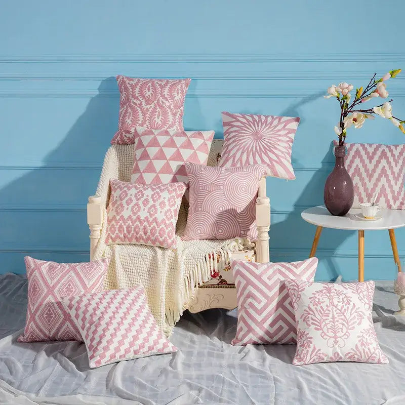 A collection of pink and white cotton flower embroidered geometry throw pillows for living room decorbites decor