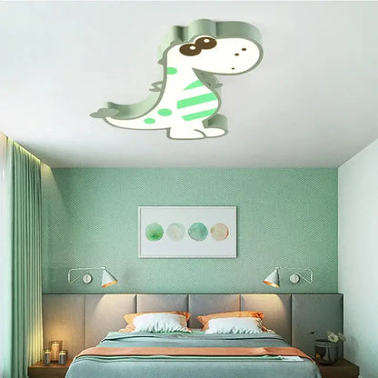 A pink and white decorbites dinosaur led ceiling lamp with green and white striped dinosaur design for kids bedroom decor