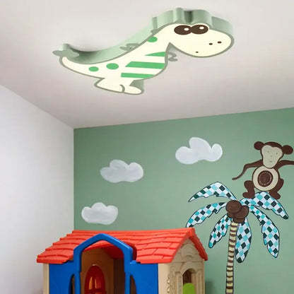 A light green decorbites dinosaur led ceiling lamp with white and green stripes for kids bedroom decor