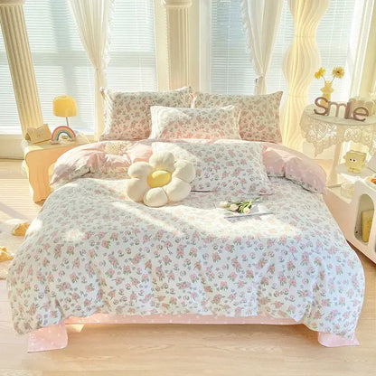 Pink and white floral decorbites cotton printed bedding set with soft cotton texture and satin finish for bedroom use