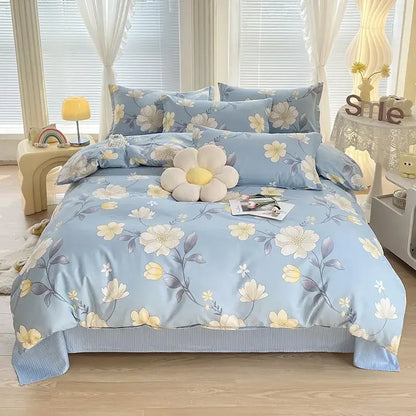 Light blue floral bedding set with cream and gray blossoms in decorbites cotton printed soft fabric finish