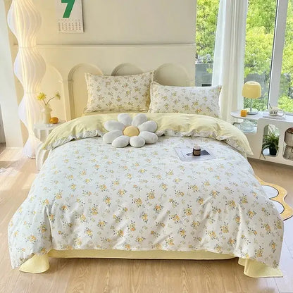 Yellow floral cotton printed bedding set with decorbites cotton printed duvet cover and plush white daisy cushion
