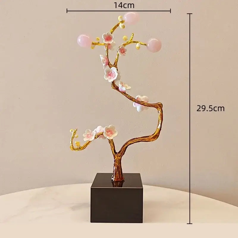Delicate decorbites golden tree crystal with pink and white resin flowers on black base for living room decor