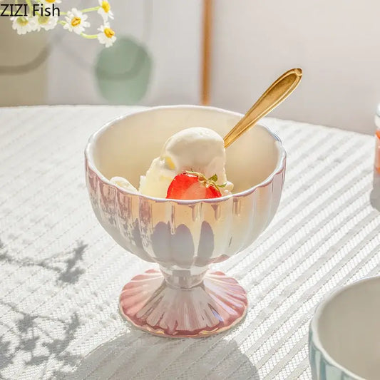 Pink and white gradient gloss ceramic dessert bowl with fluted rim holding vanilla ice cream and strawberry decorbites gradient gloss