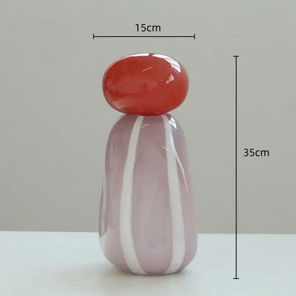 Glossy translucent lavender glass vase cover band with two white stripes and rounded red top for living room decor