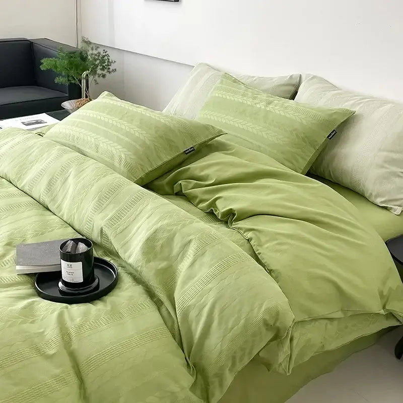 Soft sage green bedding set with subtle woven texture and matching pillowcases decorbites jacquard cotton bedding