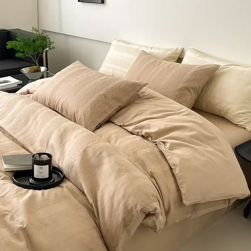 Beige textured cotton duvet set with matching pillows displayed as decorbites jacquard cotton bedding for bedroom use