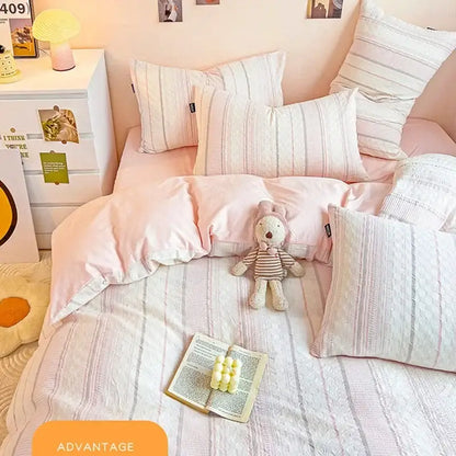 Pink and white striped jacquard cotton bedding set with soft textured fabric and subtle vertical stripes by decorbites jacquard cotton