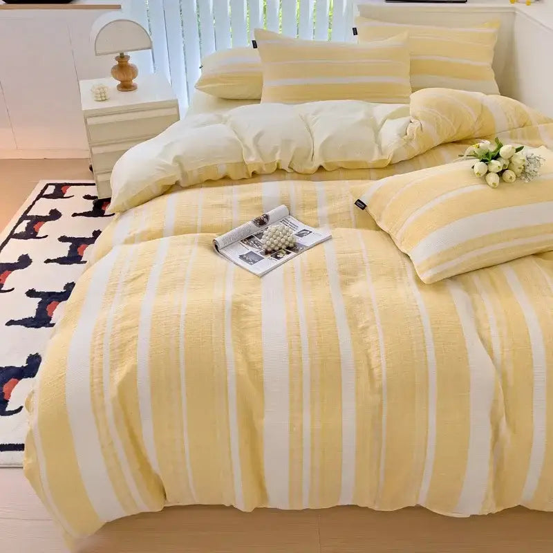 Yellow and white striped duvet set with soft textured fabric finish from decorbites jacquard cotton bedding collection