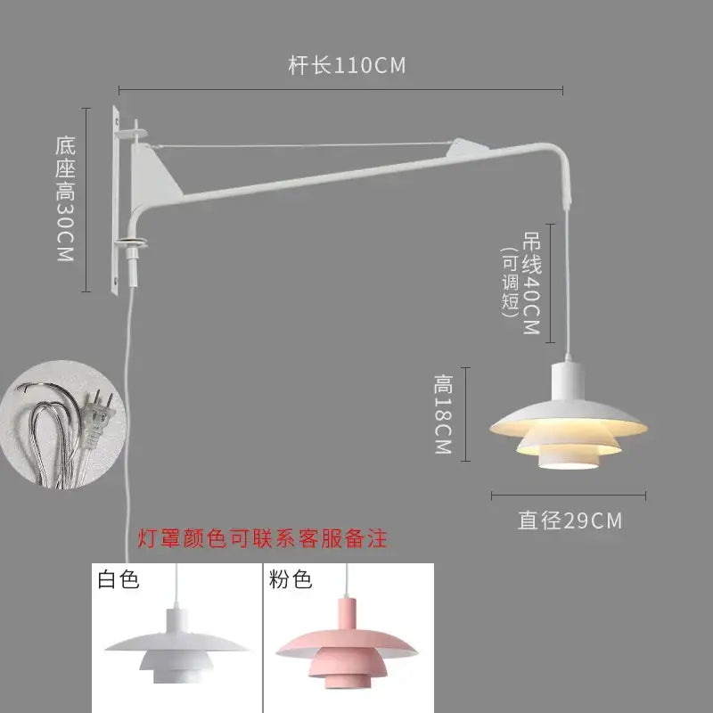 White adjustable swing arm wall lamp with tiered shade design featuring wind rotating mechanism for bedroom use