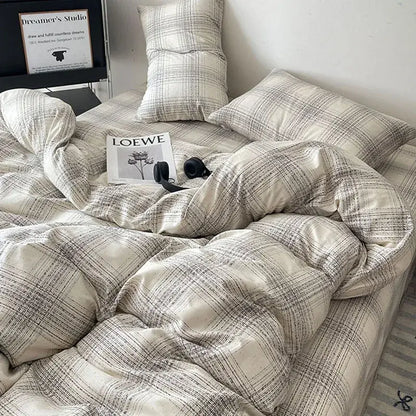 Plush cream-colored cotton grid bedding set with subtle gray plaid pattern for bedroom decorbites cotton grid use